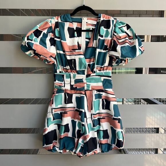 Mulla Multicolor Retro Abstract Geometric Puff Sleeve Romper Size M - Picture 2 of 7